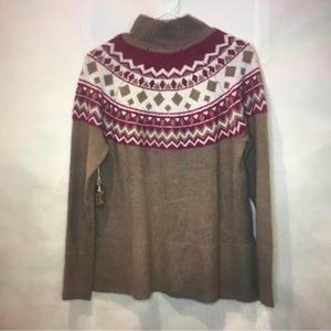 TAHARI Fair Isle Tan Mock Neck Sweater